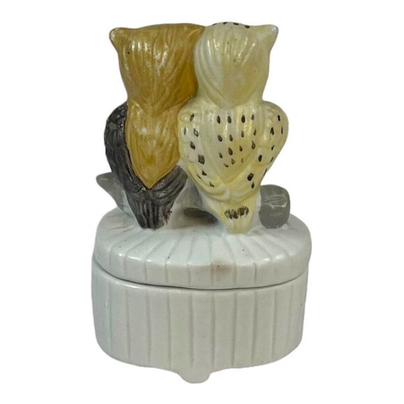 Vintage Owl Couple Ceramic Trinket Box Japan Ring Holder Dresser Box 4" - Picture 5 of 8